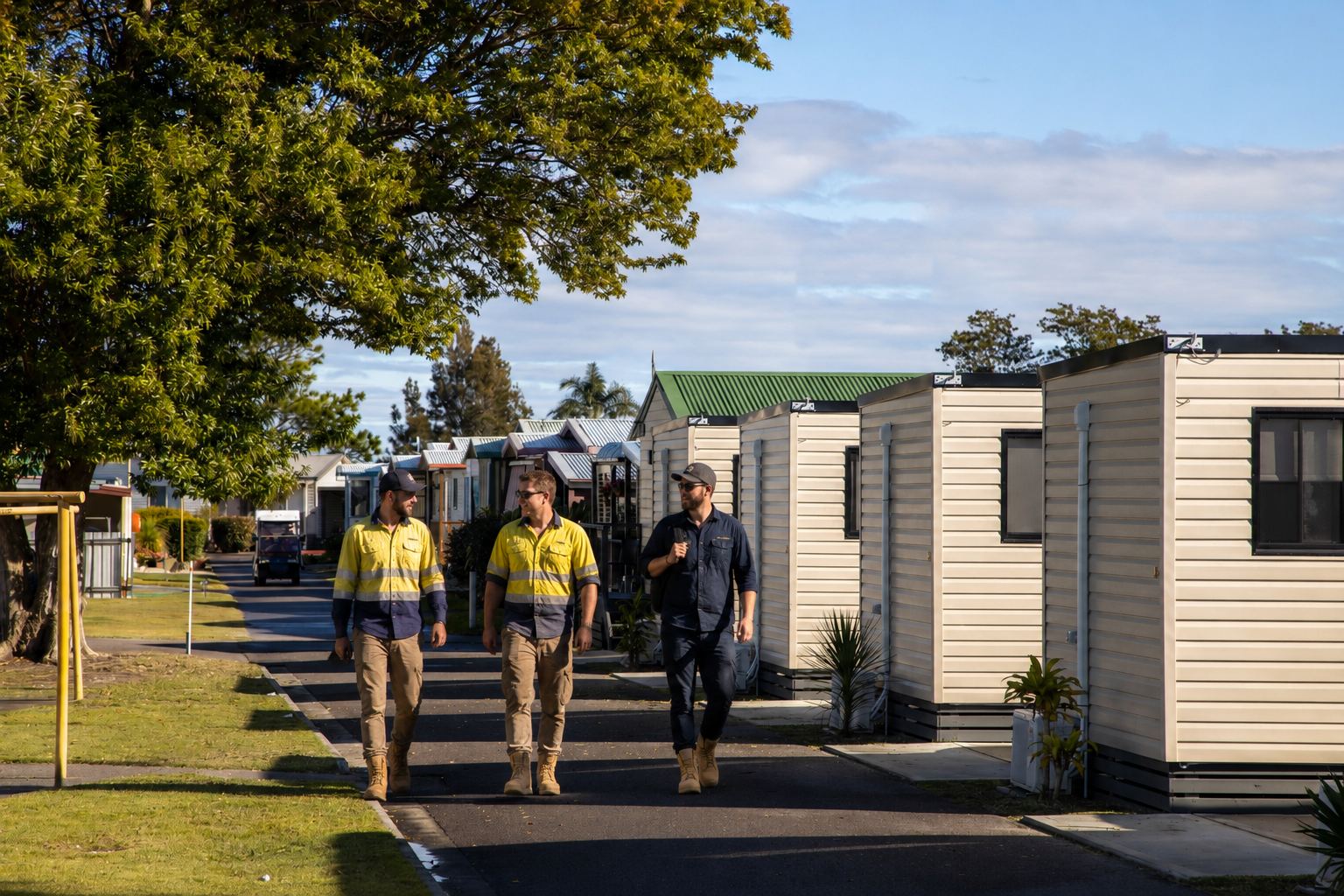 Tradesmen walking a path between cabins